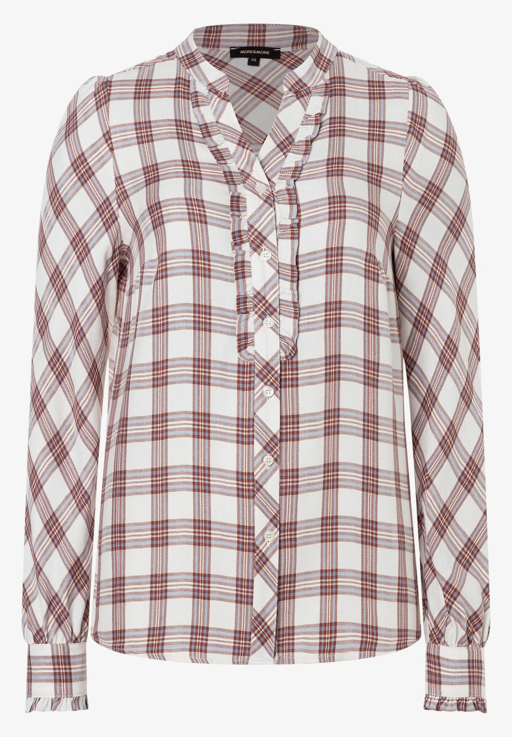 Hot karierte Bluse mit Rüschendetail, ecru/braun/hellblau, Winter-Kollektion Blusen