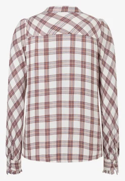 Hot karierte Bluse mit Rüschendetail, ecru/braun/hellblau, Winter-Kollektion Blusen