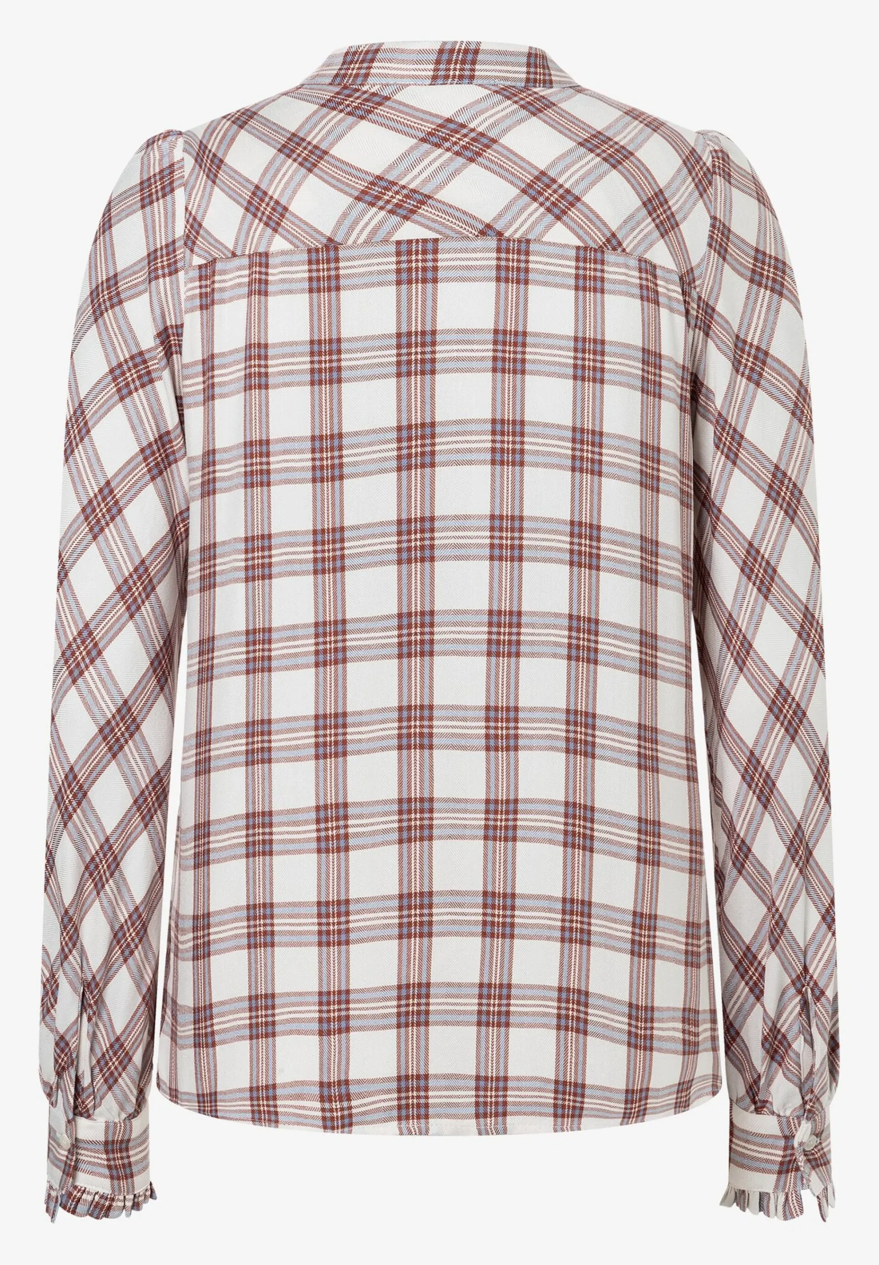 Hot karierte Bluse mit Rüschendetail, ecru/braun/hellblau, Winter-Kollektion Blusen