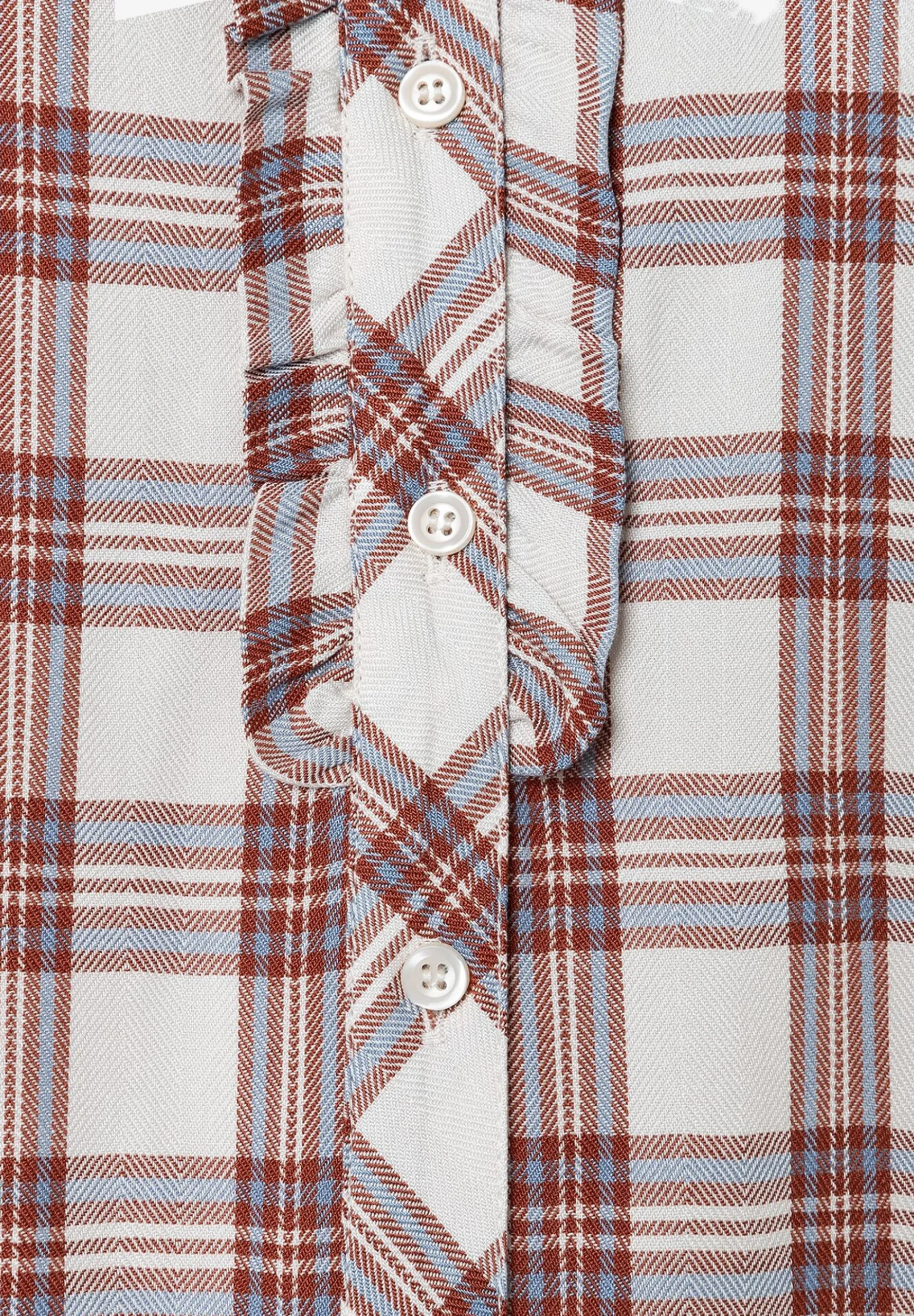 Hot karierte Bluse mit Rüschendetail, ecru/braun/hellblau, Winter-Kollektion Blusen