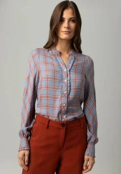 Fashion karierte Bluse mit Rüschendetail, hellblau/braun, Winter-Kollektion Blusen